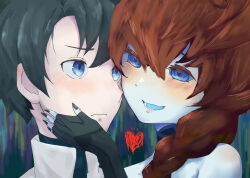 1boy 1girl alternate_hair_color bare_shoulders black_gloves black_hair blue_eyes blue_skin blue_tongue blush braid brown_hair chaldea_uniform colored_skin colored_tongue commentary_request fate/grand_order fate_(series) fujimaru_ritsuka_(male) gloves hand_on_another&#039;s_cheek hand_on_another&#039;s_face heart heart-shaped_pupils highres ichimatu1205 see-through_clothes see-through_sleeves side_braid symbol-shaped_pupils van_gogh_(fate) van_gogh_(second_ascension)_(fate)