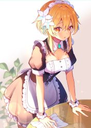 1girl blonde_hair blush breasts bug chiroron dress firefly flower genshin_impact hair_between_eyes hair_flower hair_ornament headband highres insect jewelry leaf looking_at_viewer lumine_(genshin_impact) maid medium_breasts short_hair simple_background table towel wiping wiping_table wireless yellow_eyes