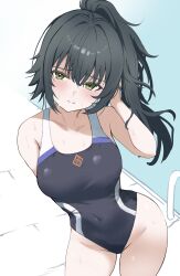 1girl antenna_hair black_hair black_one-piece_swimsuit blush breasts competition_swimsuit covered_navel gakuen_idolmaster green_eyes highres idolmaster lane_line long_hair looking_at_viewer one-piece_swimsuit pool pool_ladder poolside solo ssa_tknh swimsuit tsukimura_temari two-tone_swimsuit very_long_hair