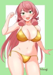 1girl akashi_(kancolle) alternate_costume bikini blunt_tresses breasts gold_bikini green_eyes hair_ribbon heart highres kantai_collection large_breasts long_hair looking_at_viewer navel open_mouth pink_hair ribbon side-tie_bikini_bottom smile solo swimsuit tress_ribbon very_long_hair yatsurugi