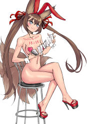 1girl absurdres animal_ear_fluff animal_ears bad_tag blue_eyes blush breasts brown_hair caleen_keemosn chair commission crossed_legs elotika fake_animal_ears female fox_ears fox_girl fox_tail geta hair_between_eyes hair_ornament hair_ribbon hairband heart_pasties high_heels highres holding kitsune long_hair looking_at_viewer makeup medium_breasts multiple_tails navel nude original pasties platform_footwear platform_heels rabbit_ears red_footwear red_ribbon ribbon runes sandals shoes sitting smile solo star_ocean star_ocean_anamnesis stool tail tattoo thighs twintails very_long_hair wrist_cuffs