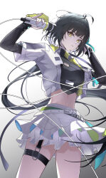 1girl absurdres black_hair black_shirt breasts cleavage_cutout clothing_cutout colored_inner_hair commentary cowboy_shot crop_top english_commentary female_rover_(wuthering_waves) gradient_background grey_background highres holding holding_microphone jacket large_breasts long_hair looking_at_viewer microphone midriff mixed-language_commentary multicolored_hair multilingual_commentary navel official_alternate_costume parted_lips rena_(rena_emc2) rover_(wuthering_waves) shirt skirt solo very_long_hair white_hair white_jacket white_skirt wuthering_waves yellow_eyes