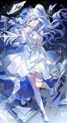 1girl absurdres black_bow blue_butterfly blue_dress blue_eyes blue_flower bow breasts bug butterfly cleavage collar commentary_request detached_collar dress expressionless flower full_body gloves gradient_background guzangnanfeng hair_flower hair_ornament hat heterochromia highres insect layered_dress long_hair looking_at_viewer medium_breasts original parted_lips picture_frame single_thighhigh sparkle standing standing_on_one_leg thigh_strap thighhighs twintails wavy_hair white_background white_collar white_dress white_footwear white_gloves white_hair white_hat white_thighhighs yellow_eyes