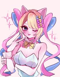 1girl ;p arm_under_breasts blonde_hair blue_eyes blue_hair blue_leotard bow bowtie chouzetsusaikawa_tenshi-chan collar colored_tips hair_bow hand_on_own_arm highres leotard looking_at_viewer multicolored_hair multiple_hair_bows multiple_scars needy_girl_overdose one_eye_closed osakana_tarou_(sakana0_03) pink_hair quad_tails scar scar_on_arm solo sparkle tongue tongue_out upper_body v wrist_cuffs