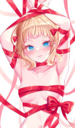 1girl @_@ absurdres armpits axis_powers_hetalia bdsm blonde_hair blue_eyes blush bondage bound bow breasts cleavage collarbone completely_nude genderswap genderswap_(mtf) hair_bow highres latvia_(female)_(hetalia) medium_hair navel nude ribbon riri5937 simple_background small_breasts sweatdrop tearing_up white_background