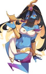 Rule 34 | 1girl, absurdres, arabian clothes, arm under breasts, bandeau, bare shoulders, black hair, black sclera, blonde hair, blue skin, bracelet, breasts, check copyright, circlet, cleavage, collar, colored eyelashes, colored inner hair, colored sclera, colored skin, copyright request, genie, hair between eyes, hand up, highres, jewelry, lamp, large breasts, long hair, looking at viewer, midriff, mouth veil, multicolored hair, navel, oil lamp, open mouth, original, pointy ears, smile, solo, stomach, strapless, tube top, veil, venomdancer, very long hair, white bandeau, white eyelashes, yellow eyes