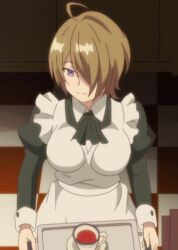 1girl ahoge anime_screenshot breasts brown_hair hair_over_one_eye highres kaifuku_jutsushi_no_yarinaoshi_~sokushi_mahou_to_skill_copy_no_chouetsu_heal~ large_breasts maid maid_(kaiyari) multiple_girls non_porn smile tagme