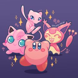 aimaay artist_name closed_eyes closed_mouth gen_1_pokemon highres jigglypuff kirby kirby_(series) legendary_pokemon looking_at_viewer mew_(pokemon) mythical_pokemon nintendo open_mouth pokemon pokemon_(creature) smile star_(symbol) tail teeth upper_teeth_only