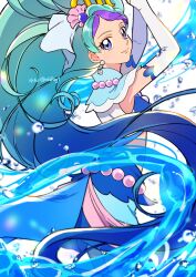 1girl blue_eyes blue_hair blue_wrist_cuffs bow crown cure_mermaid earrings go!_princess_precure gold_crown highres jewelry kaidou_minami long_dress long_hair looking_at_viewer magical_girl mermaid_dress multicolored_hair navel precure shell shell_earrings solo two-tone_hair ulsrnj1 very_long_hair waist_bow wrist_cuffs