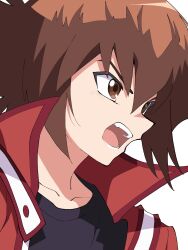 1boy black_shirt brown_eyes brown_hair collarbone commentary_request high_collar highres jacket male_focus niyane open_clothes open_jacket open_mouth portrait red_jacket shirt short_hair simple_background solo teeth white_background yu-gi-oh! yu-gi-oh!_gx yuki_judai