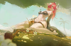 Rule 34 | 1girl, absurdres, barefoot, black bra, black panties, bra, ciaccona (wuthering waves), commentary, dudrinm, flower, green eyes, hair flower, hair ornament, highres, instrument, long hair, looking at viewer, navel, panties, parted lips, pointy ears, red hair, sitting, solo, stomach, tree horns, underwear, underwear only, violin, wariza, white flower, wuthering waves