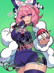 1girl absurdres asymmetrical_legwear bow bracelet breasts collared_shirt creatures_(company) drill_hair dynamax_band eyeshadow flipped_hair fur_jacket game_freak gloves hair_bow hairband hand_up highres holding holding_poke_ball jacket jewelry klara_(pokemon) large_breasts makeup mismatched_legwear missandydandy mole mole_under_mouth nintendo pink_eyeshadow pink_hair pink_lips poke_ball poke_ball_(basic) pokemon pokemon_swsh print_shirt print_shorts purple_eyes ring shirt short_hair shorts side_slit side_slit_shorts single_glove smile solo thighhighs twin_drills white_bow white_hairband