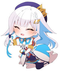 1girl ^_^ beret blue_gloves blue_hair blue_hat blue_ribbon blue_skirt blue_thighhighs blush boots braid chibi closed_eyes colored_inner_hair commentary_request crown_hat_ornament frilled_skirt frills full_body gloves hair_ornament hand_up hat jacket lize_helesta long_hair miniskirt multicolored_hair neck_ribbon nijisanji open_mouth ribbon sanbaka_anniversary_outfit shigure_(sigre) short_sleeves simple_background single_hair_intake single_sidelock single_wrist_cuff skirt smile solo streaked_hair thighhighs very_long_hair virtual_youtuber white_background white_boots white_hair white_jacket white_wrist_cuffs wrist_cuffs wrist_ribbon zettai_ryouiki