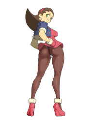 1girl absurdres ass breasts brown_hair cropped_jacket crotch_plate dress earrings from_behind gloves green_eyes hair_pulled_back hairband hands_on_own_hips highres jacket jewelry long_hair looking_at_viewer looking_back mega_man_(series) mega_man_legends_(series) pantyhose pink_gloves pink_hairband purple_jacket short_dress simple_background skull_earrings smile solo toshinoshin tron_bonne_(mega_man)