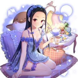 1girl ahoge alternate_costume babydoll bangs_pinned_back bare_arms bare_legs bare_shoulders barefoot bed black_hair blue_dress blue_ribbon blush bow breasts clarice_lapis cleavage closed_mouth coffee collarbone cup cushion doily dress food forehead frilled_dress frilled_pillow frills full_body hairband heart heart-shaped_pillow holding holding_cup lingerie long_hair looking_at_viewer macaron maid maid_headdress medium_breasts mole mole_under_eye mug nightgown parted_bangs pillow purple_dress red_eyes ribbon salt_(salty) saucer short_dress sidelocks sitting sleeveless sleeveless_dress small_breasts smile solo sparkle spoon star_(symbol) stuffed_animal stuffed_toy teacup teapot teddy_bear transparent_background uchi_no_hime-sama_ga_ichiban_kawaii underwear very_long_hair wariza yokozuwari