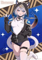 1girl alternate_costume animal_ear_fluff animal_ears animal_hood aoi_suzu belt black_buruma black_gloves blue_eyes bow breasts buruma cat_ears cat_girl cat_hood cat_tail cipher_(honkai:_star_rail) fang fingerless_gloves gloves grey_hair gym_uniform hair_bow hand_in_pocket hand_up highres honkai:_star_rail honkai_(series) hood long_sleeves looking_at_viewer medium_hair mole mole_on_chest name_tag open_mouth shirt shoes smile solo standing standing_on_one_leg sweat tail thigh_belt thigh_strap thighhighs thighs uwabaki white_bow white_shirt white_shoes white_thighhighs