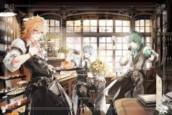 3boys absurdres alternate_costume anaxa_(honkai:_star_rail) antenna_hair apron aqua_eyes aqua_hair arm_strap arm_tattoo bilingual_commentary black_apron black_choker black_gloves black_pants blonde_hair blue_eyes bouquet braid camera chest_tattoo chinese_commentary choker collared_shirt commentary commentary_request english_commentary facial_tattoo flower food gloves gradient_hair grey_vest hair_between_eyes hair_intakes hair_over_shoulder half_gloves highres holding holding_bouquet holding_camera holding_orb holding_plate honkai:_star_rail honkai_(series) long_hair male_focus medium_hair mixed-language_commentary multicolored_eyes multicolored_hair multiple_boys mydei_(honkai:_star_rail) name_tag neck_tattoo nnnnnova pancake pancake_stack pants phainon_(honkai:_star_rail) plate purple_eyes red_hair red_pupils red_tattoo shirt short_hair side_braid sun_symbol sun_tattoo tan tattoo two-tone_eyes vest white_hair white_shirt window yellow_eyes