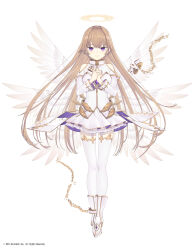 1girl absurdres angel angel_wings bare_shoulders blonde_hair boots broken broken_chain chain character_request cleavage_cutout closed_mouth clothing_cutout collar company_name copyright_notice crack cuffs detached_sleeves fake_wings feathered_wings fingernails floating_hair frilled_skirt frills full_body gem gold_chain gold_trim hair_intakes halo hands_on_own_chest hands_up highres layered_sleeves lock long_hair long_sleeves looking_at_viewer mahjong_hime miniskirt nail_polish own_hands_together padlock pleated_skirt purple_eyes purple_gemstone purple_nails riuichi shackles shirt shoulder_cutout sidelocks simple_background skirt skirt_set smile solo spread_wings straight-on thighhighs very_long_hair white_background white_boots white_collar white_shirt white_skirt white_sleeves white_thighhighs wings yellow_halo zettai_ryouiki