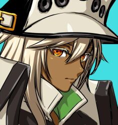 1girl blonde_hair blue_background commentary_request dark-skinned_female dark_skin guilty_gear guilty_gear_xrd hat jacket light_smile orange_eyes portrait ramlethal_valentine solo tanaka_gorbachev