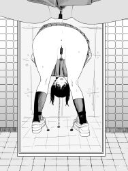 1girl anus ass bar_censor censored chain chainsaw_man female_pubic_hair fujimoto_tatsuki_(style) greyscale highres kneehighs low_twintails mirror mitaka_asa monochrome nanami_toga pubic_hair pussy pussy_juice reflection restrained socks solo tile_floor tile_wall tiles twintails