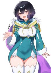 1girl :d black_hair blue_dress cowboy_shot dress fire_emblem fire_emblem_awakening fire_emblem_heroes hair_between_eyes highres long_sleeves looking_at_viewer female_morgan_(fire_emblem) female_morgan_(resplendent)_(fire_emblem) nintendo official_alternate_costume open_mouth short_dress short_hair smile solo thick_thighs thighhighs thighs white_background zet_(twt_zet) zettai_ryouiki
