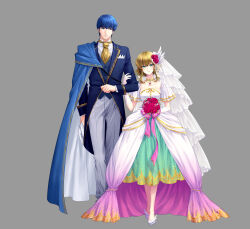 1boy 1girl alternate_costume arm_at_side blonde_hair blue_cloak blue_eyes blue_hair blue_suit bouquet breasts bridal_veil bride cloak closed_mouth collarbone dress elbow_gloves father_and_daughter finn_(fire_emblem) fire_emblem fire_emblem:_genealogy_of_the_holy_war fire_emblem_heroes flower formal_clothes frilled_sleeves frills full_body gloves gold_choker green_eyes grey_background hair_flower hair_ornament height_difference highres holding holding_another&#039;s_arm holding_bouquet holding_gloves holding_unworn_clothes lapels long_sleeves looking_at_viewer medium_dress nanna_(fire_emblem) necktie nintendo pants peaked_lapels pendant_choker red_flower red_rose rose shoes short_hair short_hair_with_long_locks short_sleeves side_cape simple_background small_breasts standing strapless strapless_dress suit tailcoat toriko_momomo unworn_gloves veil wedding_dress white_dress white_gloves white_shoes wing_hair_ornament yellow_necktie