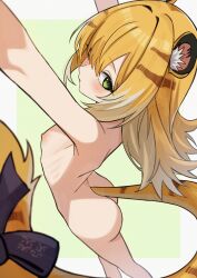 1girl animal animal_ear_fluff animal_ears arms_up ass blonde_hair blush bow completely_nude feet_out_of_frame flat_chest from_above green_background green_eyes hair_between_eyes ju_fufu loli long_hair looking_at_viewer multicolored_hair nipples nude outstretched_arms ribs senapops simple_background solo standing streaked_hair tail tail_ornament tiger_ears tiger_girl tiger_tail white_hair zenless_zone_zero