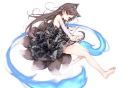 &gt;:) 1girl animal_ear_fluff animal_ears bandaged_arm bandages bare_legs bare_shoulders barefoot beliatan black_dress breasts brown_hair brown_tail commentary_request dress earrings floral_print fox_ears fox_girl fox_tail hand_up jewelry long_hair looking_at_viewer multiple_tails original red_eyes simple_background single_earring small_breasts smile solo tail v-shaped_eyebrows white_background