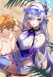1boy 1girl bare_shoulders beach blue_gloves blue_hat blue_one-piece_swimsuit blue_thighhighs breasts cleavage cleavage_cutout clothing_cutout covered_navel crossed_arms earrings elbow_gloves genshin_impact gloves hair_ornament hat highres jewelry large_breasts long_hair looking_at_viewer one-piece_swimsuit orange_hair red_eyes red_shorts shorts sitting sitting_on_person skirk_(genshin_impact) swimsuit tartaglia_(genshin_impact) thighhighs thighs two-tone_swimsuit uuroncha visor_cap white_hair white_one-piece_swimsuit white_shorts