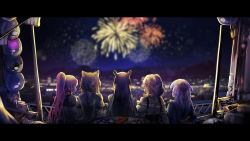 5girls absurdres animal_ears black_hair blonde_hair cat_ears fireworks from_behind gawr_gura hidden_face highres hololive hololive_english holomyth letterboxed long_hair mori_calliope mori_calliope_(streetwear) multiple_girls ninomae_ina&#039;nis orange_hair pink_hair ponytail short_hair takanashi_kiara takanashi_kiara_(casual) virtual_youtuber vyragami watson_amelia watson_amelia_(street_casual) white_hair