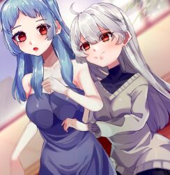 2girls asahi_(artist) black_undershirt blue_dress blue_hair blurry breasts cleavage closed_mouth collarbone cowlick depth_of_field dress enri_louvre grey_hair grey_sweater highres long_hair long_sleeves medium_breasts multiple_girls naraku naraku_2 neun_02 no_bra open_mouth plant red_eyes sweater very_long_hair