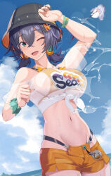1girl belle_(summer_skies)_(zenless_zone_zero) belle_(zenless_zone_zero) bikini bikini_top_under_shirt blue_hair blue_sky breasts bucket_hat clothes_writing commentary_request earrings green_eyes hat iseshi jewelry large_breasts micro_shorts navel ocean official_alternate_costume open_mouth orange_bikini orange_shorts see-through_clothes see-through_shirt shirt short_hair shorts sky solo splashing stomach swimsuit tied_shirt wet wet_clothes wet_shirt white_shirt zenless_zone_zero