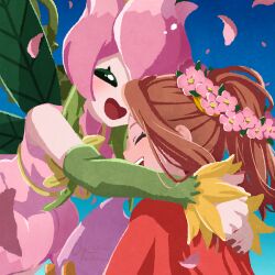 Rule 34 | 2girls, aioka (aichiu kuchiu), bare shoulders, blue background, brown hair, closed eyes, digimon, digimon (creature), digimon adventure, dress, green hair, head wreath, high ponytail, hug, lilimon, long hair, multiple girls, nail polish, petals, pink dress, plant hair, ponytail, red dress, simple background, tachikawa mimi, upper body