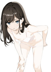 Rule 34 | 1girl, absurdres, blush, bra, breasts, brown hair, collarbone, commentary request, feet out of frame, hand on own knee, highres, leaning forward, long hair, looking at viewer, moonsorrow, navel, original, panties, simple background, small breasts, solo, sports bra, training bra, underwear, underwear only, undressing, white background, white panties, white sports bra