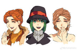 3girls black_hat blush braid brown_hair caroline_(stardew_valley) closed_eyes green_eyes green_hair hat highres jodi_(stardew_valley) multiple_girls open_mouth photophoby robin_(stardew_valley) simple_background smile stardew_valley watermark