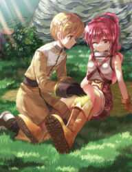 1boy 1girl acolyte_(ragnarok_online) armor black_gloves blonde_hair boots breastplate brown_boots brown_coat brown_gloves brown_shirt brown_shorts bush cassock closed_mouth coat commentary_request day full_body gloves grass green_eyes healing high_ponytail korean_commentary light_rays long_hair long_sleeves looking_at_another magic moai_(aoh) novice_(ragnarok_online) one_eye_closed outdoors pink_eyes pink_hair ponytail ragnarok_online shirt short_hair shorts sleeveless sleeveless_shirt smile sunbeam sunlight
