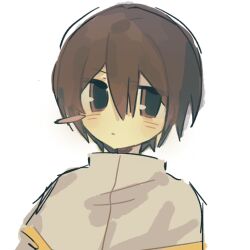 Rule 34 | 1boy, blush stickers, brown eyes, brown hair, capelet, chinese commentary, closed mouth, commentary request, dan qin, double-parted bangs, expressionless, gold trim, grey capelet, hair between eyes, jabuchi you, long bangs, male focus, saibou shinkyoku, short hair, simple background, single blush sticker, sketch, solo, upper body, white background