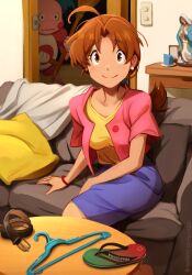 1girl :| absurdres ahoge belt broom brown_eyes brown_hair closed_mouth clothes_hanger commentary creatures_(company) delia_ketchum false_smile flip-flops game_freak gen_1_pokemon havaianas highres holding holding_broom indoors khyle. la_chancla long_hair mature_female mr._mime nintendo pillow pink_shirt pokemon pokemon_(anime) pokemon_(classic_anime) pokemon_(creature) punishment purple_skirt sandals shirt sitting skirt smile virgin_of_guadalupe waiting when_you_see_it yellow_shirt
