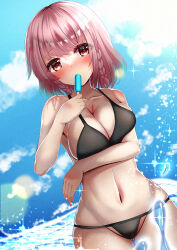 1girl absurdres bikini black_bikini blue_sky blush braid breasts cleavage cloud commentary_request cowboy_shot day food groin highres holding holding_food hoshizaki_akari large_breasts lens_flare looking_at_viewer navel nekouta ocean ongeki outdoors pink_eyes pink_hair popsicle saigyouji_yuyuko short_hair sky solo sparkle standing swimsuit
