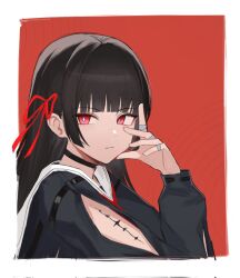 Rule 34 | 1girl, arm cutout, arm up, bajigurr, black choker, black hair, black shirt, blunt bangs, border, bright pupils, chisa (wuthering waves), choker, closed mouth, clothing cutout, corrupted twitter file, hair ribbon, hand on own face, hashtag-only commentary, highres, jewelry, long hair, long sleeves, looking at viewer, mole, mole under eye, multiple rings, red background, red eyes, red ribbon, ribbon, ring, sailor collar, shirt, solo, staring, white border, white pupils, white sailor collar, wuthering waves
