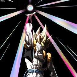 Rule 34 | 1boy, abs, arm up, bare shoulders, black background, black vest, blonde hair, cowboy shot, cropped vest, dragon ball, dragonball z, energy ball, gogeta, green eyes, highres, male focus, medium hair, metamoran vest, momin 3180, muscular, muscular male, open clothes, open vest, simple background, solo, spiked hair, super saiyan, super saiyan 1, vest