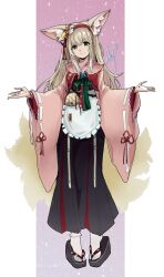 1girl a_mei_f adversarial_noise animal_ears apron arknights black_hakama blonde_hair coin_purse commentary fox_ears fox_girl fox_tail frilled_apron frills full_body green_eyes hair_ornament hairband hakama hakama_skirt highres japanese_clothes kimono long_hair long_sleeves official_alternate_costume okobo pink_kimono pinwheel platform_sandals red_hairband sandals skirt snow socks solo suzuran_(arknights) suzuran_(yukibare)_(arknights) tabi tail waist_apron white_apron white_socks wide_sleeves