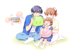 Rule 34 | 1boy, 2girls, anniversary, antenna hair, blue dress, blue eyes, blue pants, blue shirt, brown eyes, brown hair, clannad, closed eyes, dango daikazoku, dress, family, father and daughter, furukawa nagisa, husband and wife, indian style, misaki juri, mother and daughter, multiple girls, okazaki tomoya, okazaki ushio, pants, ponytail, sailor dress, shirt, short hair, sitting, skirt, socks, white skirt, white socks, yellow shirt