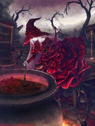 1girl bare_tree bookshelf candle cauldron colored_skin commentary_request dress fantasy flower hat highres original red_dress red_eyes red_flower red_rose rose ruins smile solo taitannsouru tree white_hair white_skin witch witch_hat