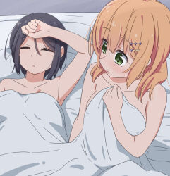 2girls armpits bed_sheet black_hair blush closed_eyes commentary_request covered_erect_nipples enami_kiyose green_eyes hair_ornament hairclip highres miruzawa_akechi multiple_girls naked_sheet nude on_bed open_mouth orange_hair parted_lips pillow short_hair sleeping slow_start tokura_eiko twintails under_covers yuri