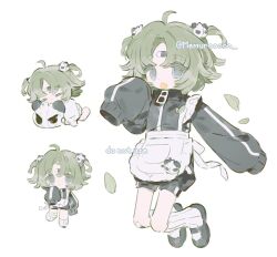 1girl apron bandaid blue_eyes braid chibi facial_mark full_body green_hair hair_ornament highres jacket long_sleeves memuro multiple_views original panda parted_bangs puffy_sleeves shoes short_hair simple_background sleeves_past_wrists socks two_side_up white_background
