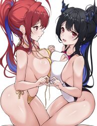 2girls ahoge alternate_hairstyle asymmetrical_docking bikini black_hair blue_hair breast_press breasts cleavage_cutout closed_mouth clothing_cutout commentary demon_horns elizabeth_rose_bloodflame english_commentary heart heart_cutout heart_hands heart_hands_duo highres hololive hololive_english horns large_breasts looking_at_viewer mole mole_under_eye multiple_girls nerissa_ravencroft one-piece_swimsuit open_mouth ponytail red_eyes red_hair side-tie_bikini_bottom smile swimsuit virtual_youtuber white_one-piece_swimsuit yellow_bikini yuri zeropen