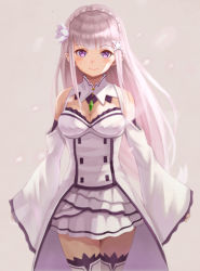 1girl arms_at_sides bare_shoulders blunt_bangs blush braid breasts cleavage commentary_request cowboy_shot detached_sleeves dress emilia_(re:zero) flower frilled_sleeves frills gem hair_flower hair_ornament long_hair looking_at_viewer medium_breasts miniskirt pleated_skirt pointy_ears purea purple_eyes re:zero_kara_hajimeru_isekai_seikatsu ribbon rose silver_hair skirt smile solo thighhighs white_dress white_flower white_rose white_skirt white_thighhighs wide_sleeves x_hair_ornament zettai_ryouiki