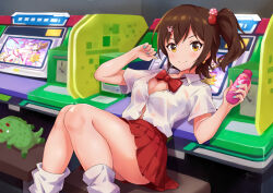 1girl absurdres arcade_cabinet blue_nails bottle bow bowtie breasts brown_eyes brown_hair chupacabra_(idolmaster) cleavage closed_mouth collared_shirt earrings gyaru hair_ornament hairclip highres holding holding_bottle idolmaster idolmaster_million_live! indoors jewelry kasuga_mirai koaya looking_at_viewer loose_bowtie loose_socks miniskirt nail_polish on_stool one_side_up partially_unbuttoned pink_nails pleated_skirt rabbit_hair_ornament red_bow red_bowtie red_skirt shirt short_sleeves sitting skirt smile socks solo two-tone_nails white_shirt white_socks