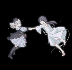 Rule 34 | &gt;:), 2girls, alternate costume, backless dress, backless outfit, bare shoulders, barefoot, black background, black hair, black shoes, black socks, blue eyes, ceras yanagida lilienfeld, churhami, dress, edel note, full body, grey hair, hair ornament, highres, katsuragi izumi, kneehighs, link! like! love live!, long hair, love live!, median furrow, medium dress, multiple girls, no mouth, official alternate costume, outer glow, profile, retrofuture (love live!), shoes, simple background, smile, socks, taking another&#039;s hand, three-quarter sleeves, triangle hair ornament, v-shaped eyebrows, virtual youtuber, white dress, wolf cut